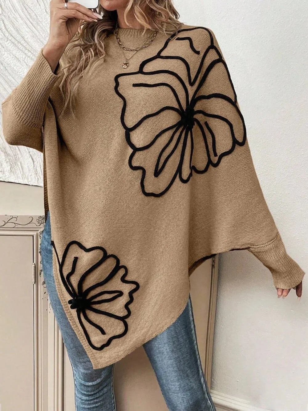 Khaki Casual Women's Asymmetrical Hem Crew Neck Sweater